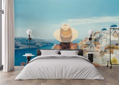 Woman Overlooking Santorini Seascape: Luxury European Vacation. Generative ai Wall mural