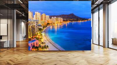 Honolulu, Hawaii. Skyline of Honolulu, Diamond Head & Waikiki Beach. Wall mural