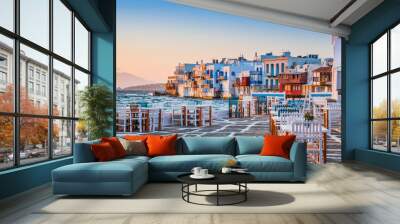 Mykonos, Greece. Waterfront in Little Venice, Mykonos at sunset. Wall mural