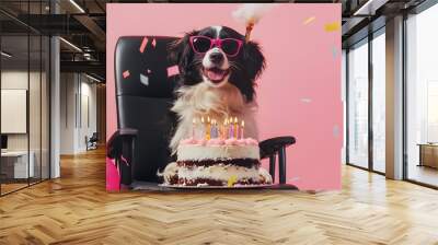 dog with sunglasses celebrating its birthday with birthday cake, sitting on an office black chair with confetti and candles around. Wall mural