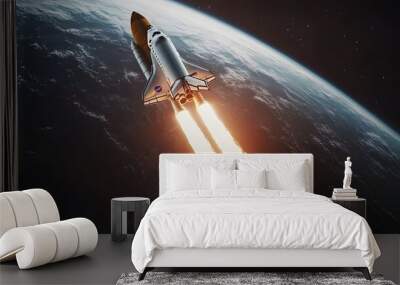 New space rocket lift off. Space shuttle with smoke and blast takes off into space on a background of blue planet earth with amazing sunset. Successful start of a space mission. Travel to Mars Wall mural