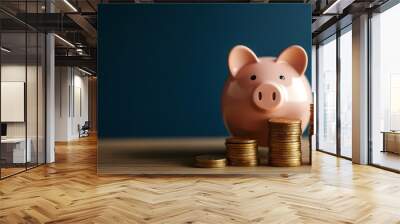 Pink pig piggy bank next to a stack of gold coin Wall mural