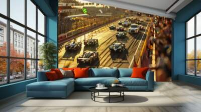 An aerial perspective captures the vibrant energy of the Le Mans start-finish line, showcasing a thrilling moment of racing action with cars speeding towards victory. Wall mural