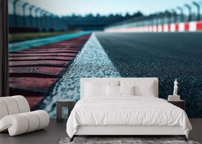 Close up shot of empty F1 track focusing on kerb, showcasing smooth asphalt and vibrant colors. image captures essence of speed and precision in motorsport Wall mural