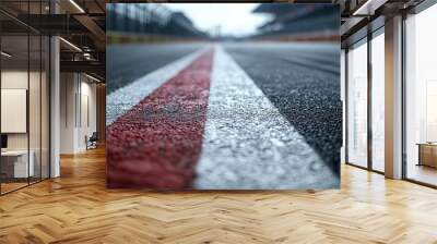 image captures close up view of empty Formula 1 track, highlighting textured asphalt and painted lines. scene evokes sense of anticipation and excitement for racing Wall mural