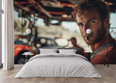 Intense portrait shot of WRC mechanic focused on camera, showcasing determination and skill in motorsport environment. backdrop features racing vehicles, enhancing thrilling atmosphere Wall mural