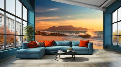 scenic view of table mountain cape town south africa from blouberg at golden sunset with splashing waves Wall mural