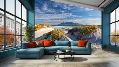 scenic view of table mountain in cape town south africa from blouberg strand with spring flowers Wall mural