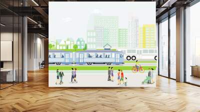 Stadtsilhouette mit Straßenbahn, Autos und Bus mit Menschen auf dem Bürgersteig, illustration Wall mural