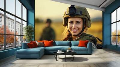 Female soldier in uniform. Smiling woman in the army Wall mural