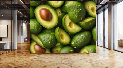 Green ripe avocado background. Fresh tropical fruit banner. Persea Americana surface, close-up. Guacamole ingredient, generated by AI Wall mural