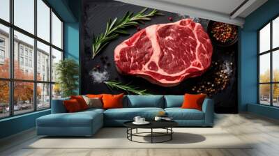 Raw red steak on black stone background. Fresh uncooked cut meat, top view. Juicy bbq steak generated AI food image Wall mural