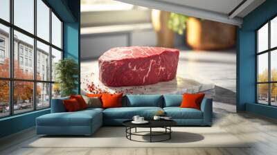 Red fresh raw meat piece on white marble plate. Cow steak slice. Beef bbq cut Wall mural