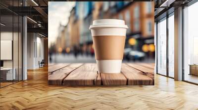 White paper cup of coffee on wooden table, blurred city background. Coffee to go mockup. Blank plastic cup, front view. Hot drink mug on wooden desk, generated by AI Wall mural