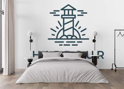 lighthouse logo line art vector with sun, stone and sea illustration template design Wall mural