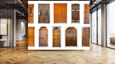 Multiple European Wooden Doors Isolated on White Wall mural