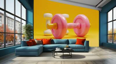 pink and pink dumbbells isolated on yellow in the sty Wall mural