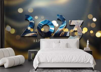 2023 greetings with golden effect. Shiny Happy new year text on gold concrete for background, graphic design, banner, illustration. 3D rendering Wall mural