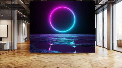 Abstract background with blue and pink neon light circle reflecting in the water 3D rendering Wall mural