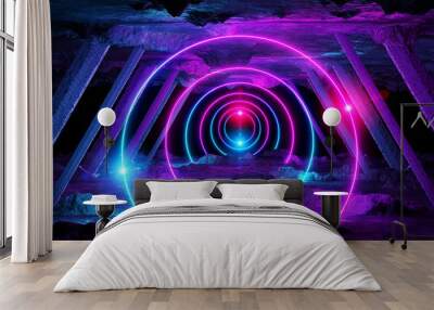 Abstract background with blue and pink neon light circles reflecting on asteroid spaceship 3D rendering Wall mural