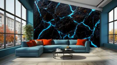 Abstract black marble stone wallpaper with glowing blue cracks. 3D rendering granite background for graphic design, banner, illustration Wall mural