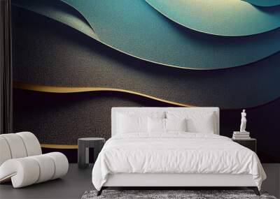 Abstract wavy blue wallpaper with golden lines. Waves background with curvy details. 3D rendering background with bluish gold colors for graphic design, banner, illustration Wall mural