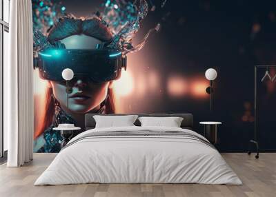 Beautiful futuristic woman using virtual reality glasses in the Metaverse. Girl with VR device and digital elements around her head. Generative ai Wall mural