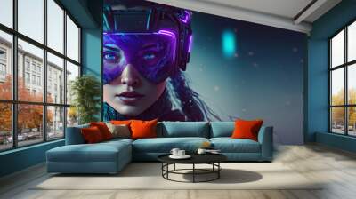 Beautiful futuristic woman using virtual reality glasses in the Metaverse. Girl with VR device and digital elements around her head. Generative ai Wall mural