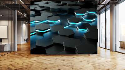 Black and blue hexagons background pattern 3D rendering Wall mural