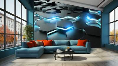 Black and blue hexagons background pattern 3D rendering Wall mural