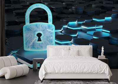 Black and blue padlock icon on hexagons background 3D rendering Wall mural