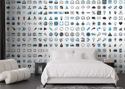 black and blue web business technology icons set Wall mural