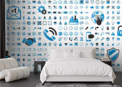 Black and blue web business technology icons set Wall mural