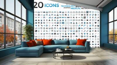 black and blue web business technology icons set Wall mural