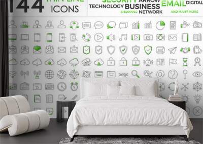 Black and green business thin line icons set on white background Wall mural