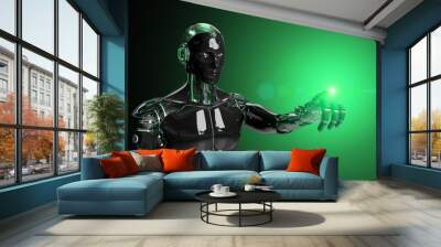 Black and green intelligent robot cyborg pointing finger on dark 3D rendering Wall mural