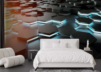 Black blue and orange hexagons background pattern 3D rendering Wall mural