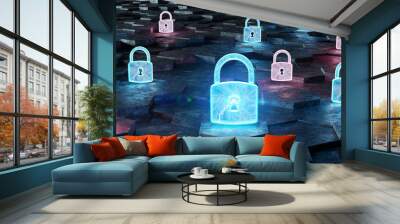 Black blue and pink padlock icon on hexagons background 3D rendering Wall mural