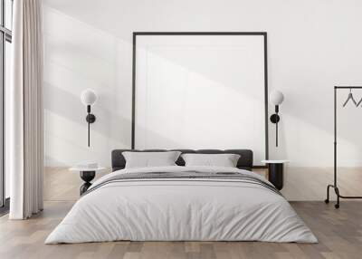 Black frame leaning in bright white interior with wooden floor mockup 3D rendering Wall mural