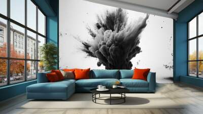 Black smoke explosion on empty white background. Isolated abstract burst brush. Generative ai Wall mural