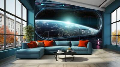 Black tech spaceship round window interior background 3D rendering Wall mural