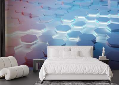 Blue and orange hexagons background pattern 3D rendering Wall mural