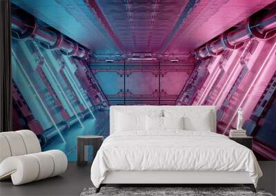 Blue and pink spaceship interior with neon lights on panel walls. Futuristic corridor in space station background. 3d rendering Wall mural