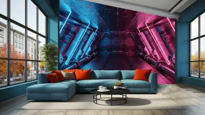 Blue and pink spaceship interior with neon lights on panel walls. Futuristic corridor in space station background. 3d rendering Wall mural