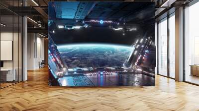 Blue and red futuristic spaceship interior with window view on planet Earth 3d rendering Wall mural