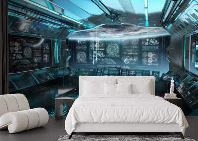 Blue spaceship interior with control panel screens 3D rendering Wall mural