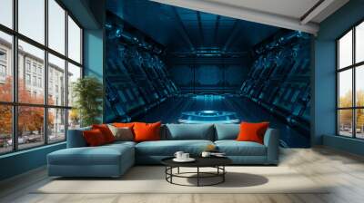 Blue spaceship interior with projector. Futuristic corridor in space station with glowing neon lights background. 3d rendering Wall mural