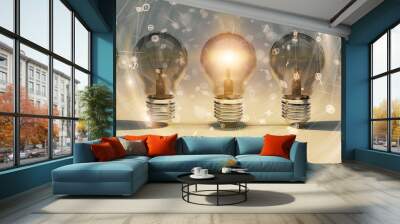 Bright lightbulbs and connections lined up 3D rendering Wall mural