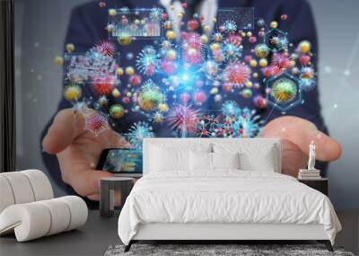 businessman analyzing bacteria microscopic close-up 3d rendering Wall mural