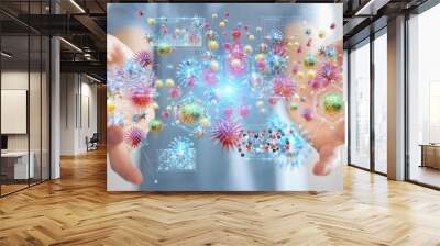 Businessman analyzing bacteria microscopic close-up 3D rendering Wall mural